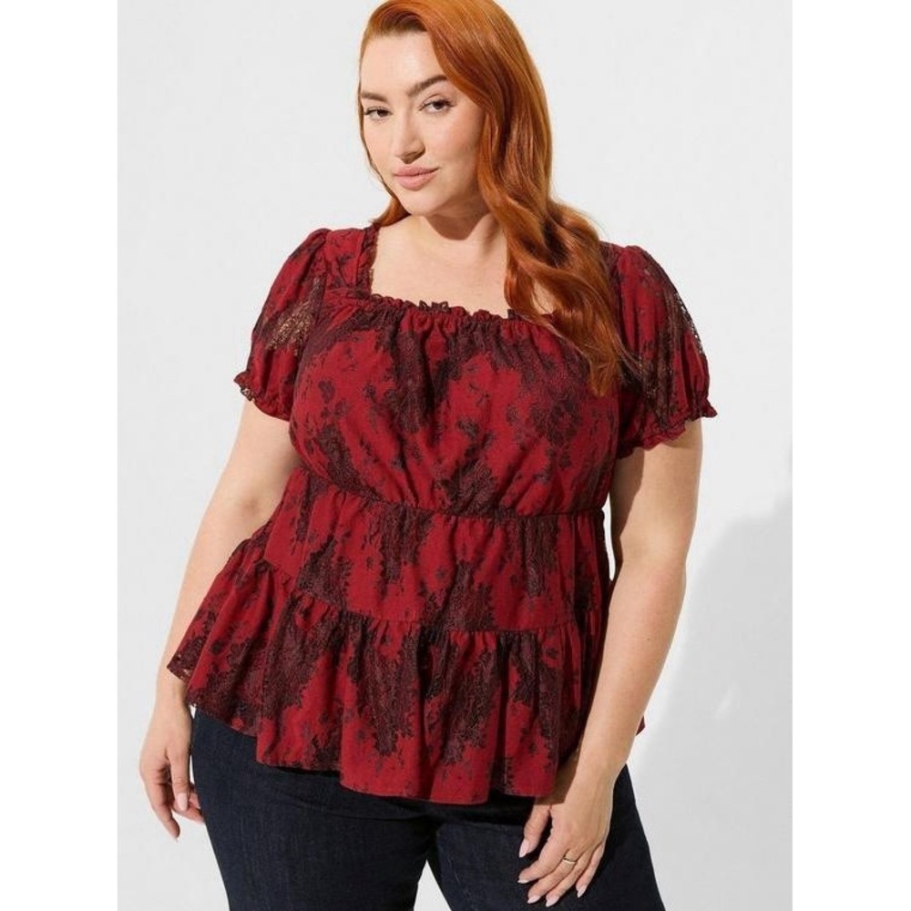 Torrid Babydoll Lace Tiered Short Sleeve Whimsigoth‎ Top In Rhubarb Size 4X
